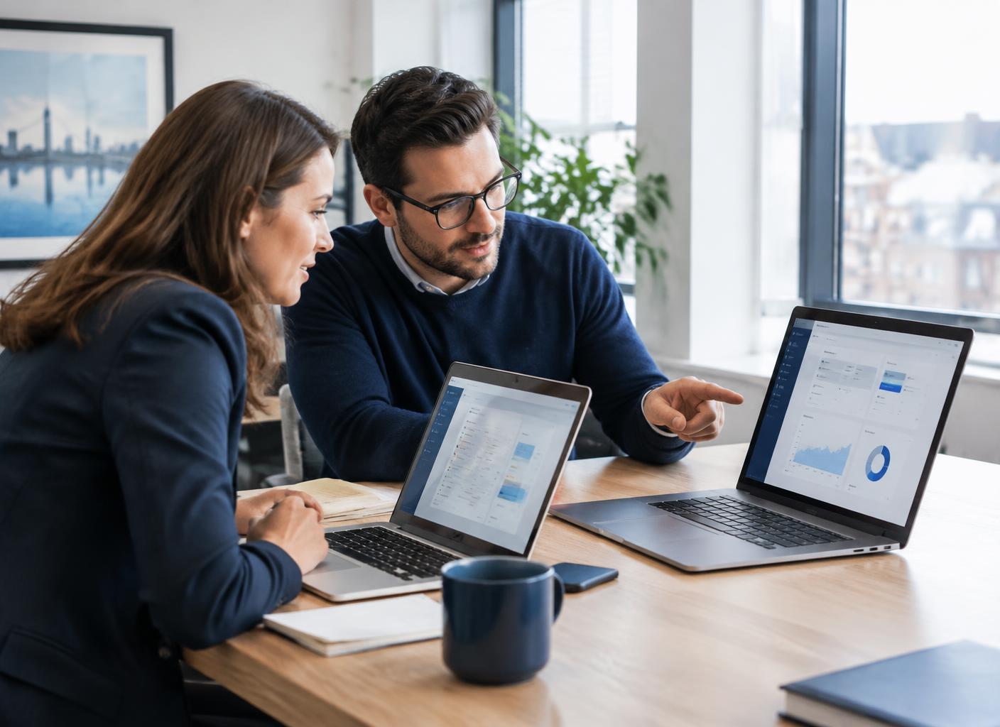 Business owner and technical specialist reviewing digital systems together