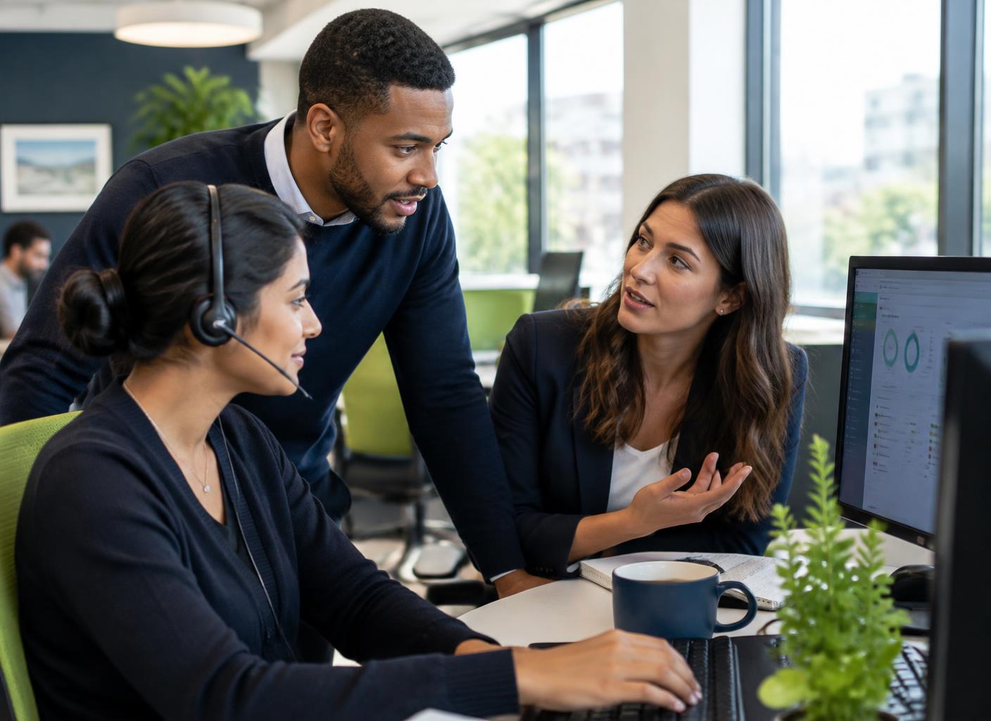 Customer service team working together to review customer communications