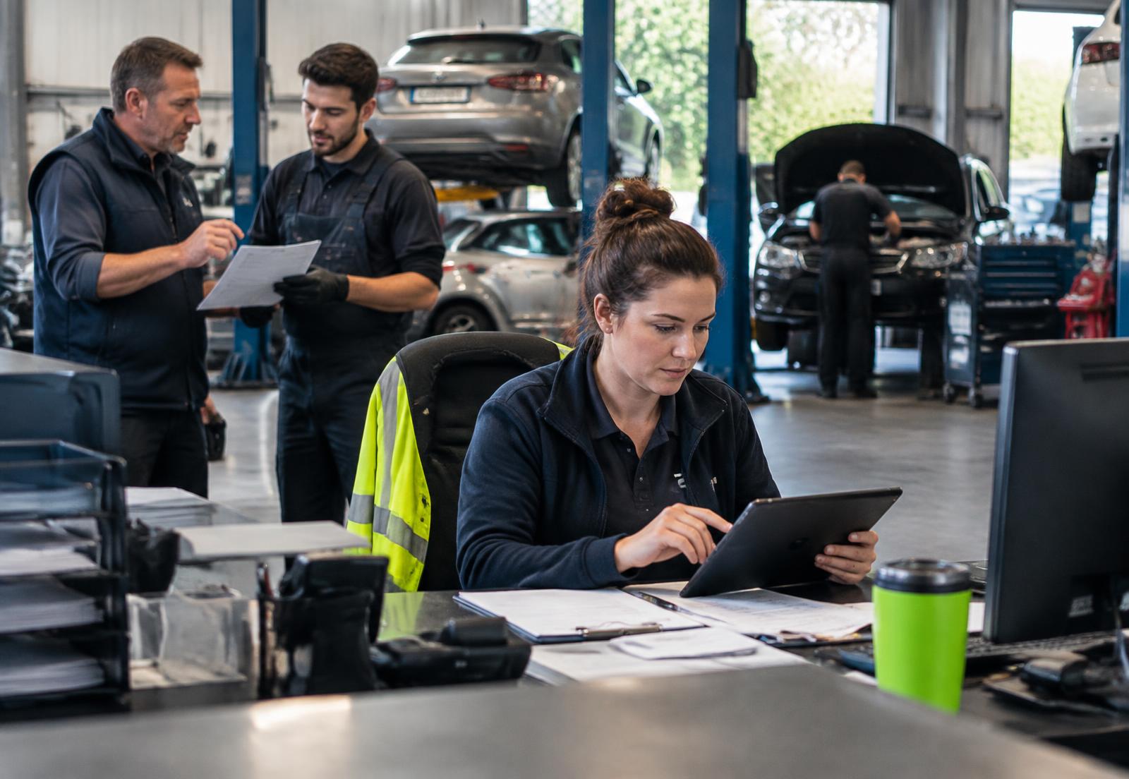 Workshop coordinator using a tablet while colleagues organise work in a busy automotive service centre