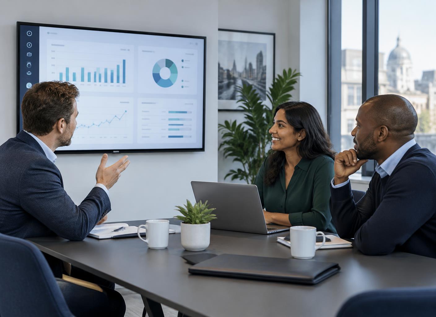 Sales team reviewing business performance together in a meeting